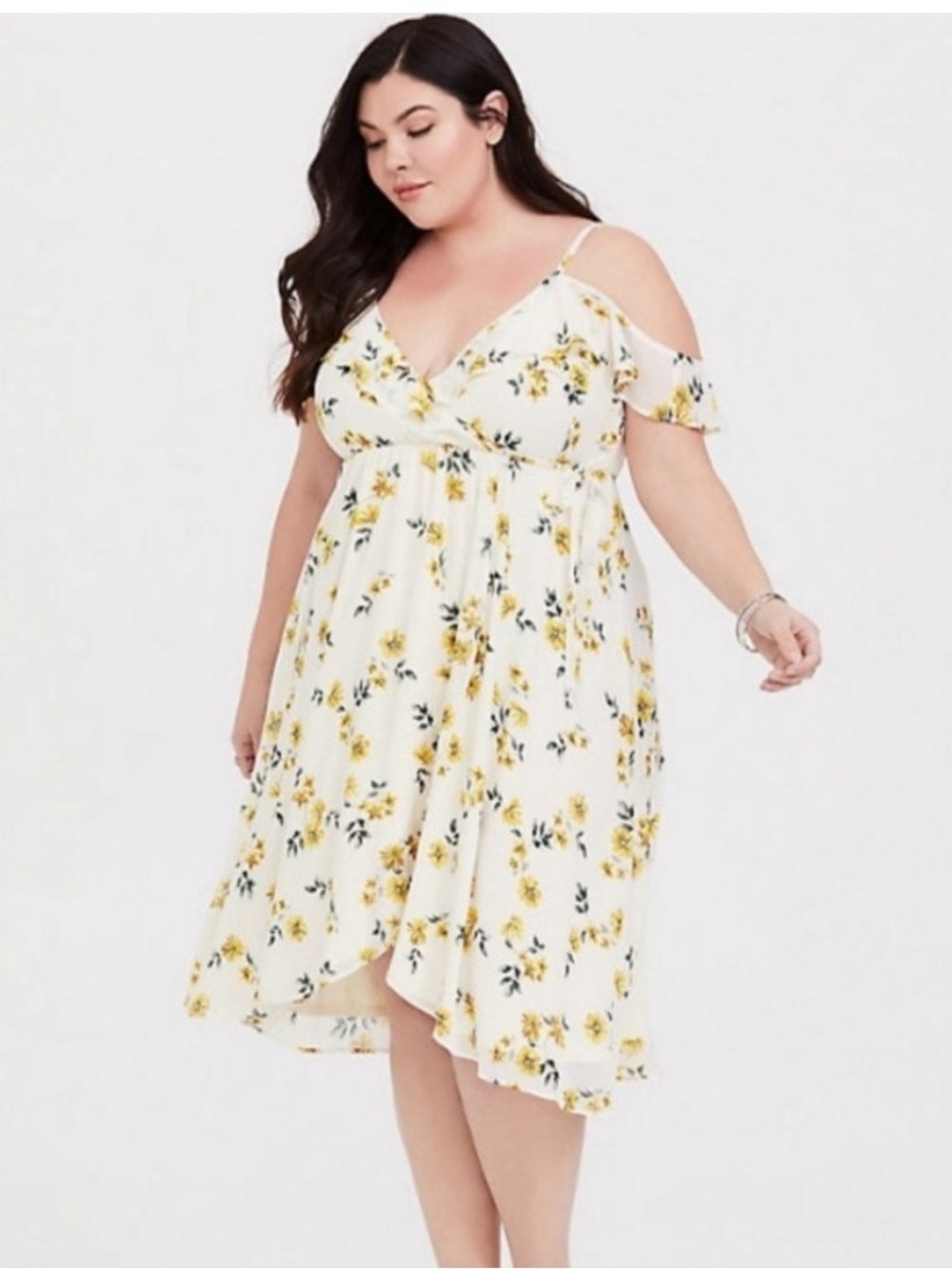 torrid White Cold-Shoulder Midi Dress with Yellow Floral Print